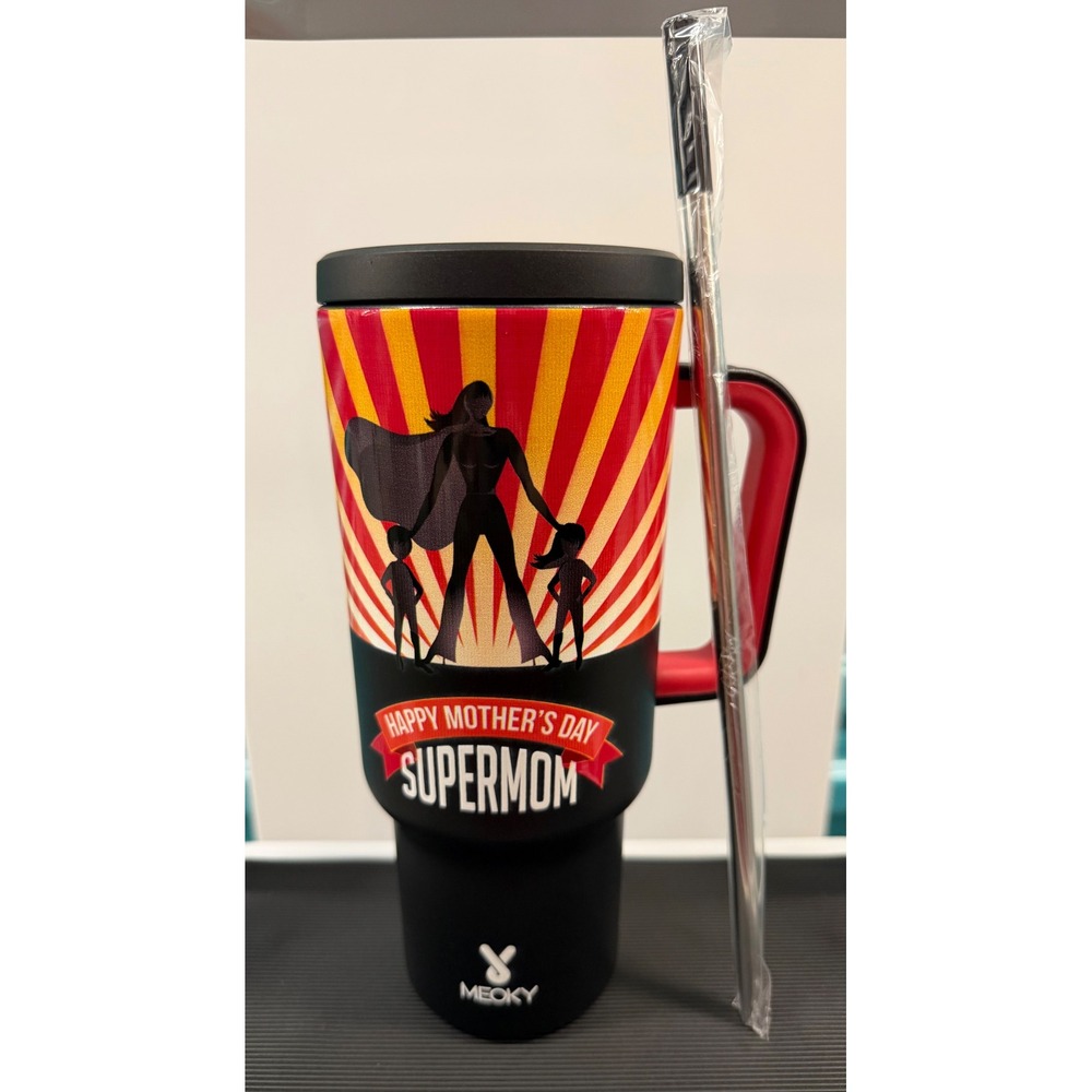 Meoky‎ 40 oz Supermom Tumbler with Handle and Straw Happy Mothers Day Black Red